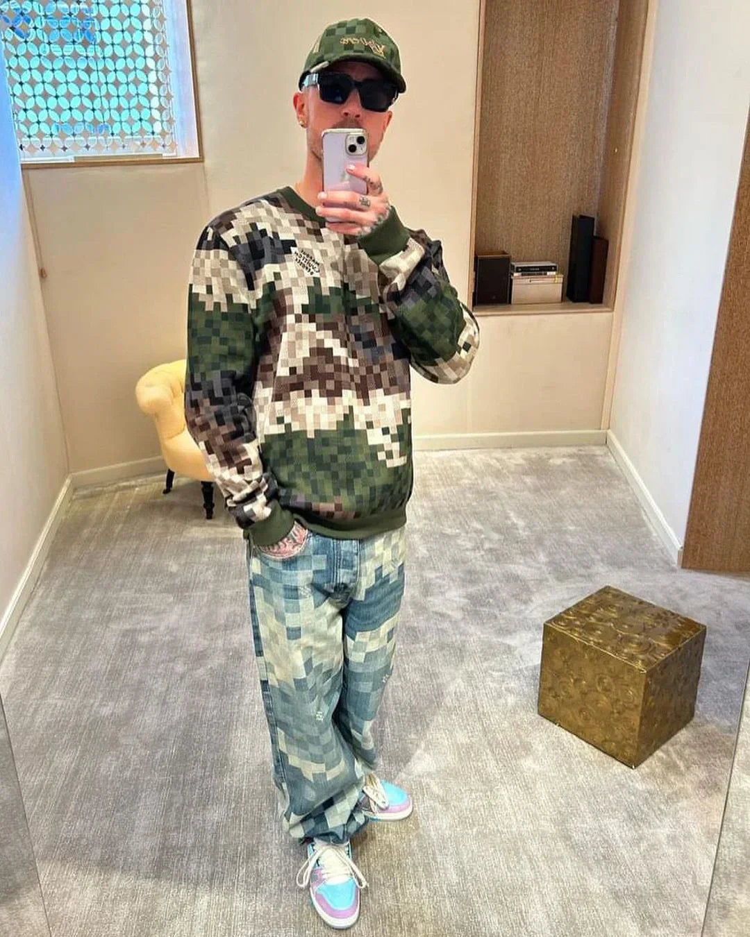 Pull en maille à carreaux vert camouflage