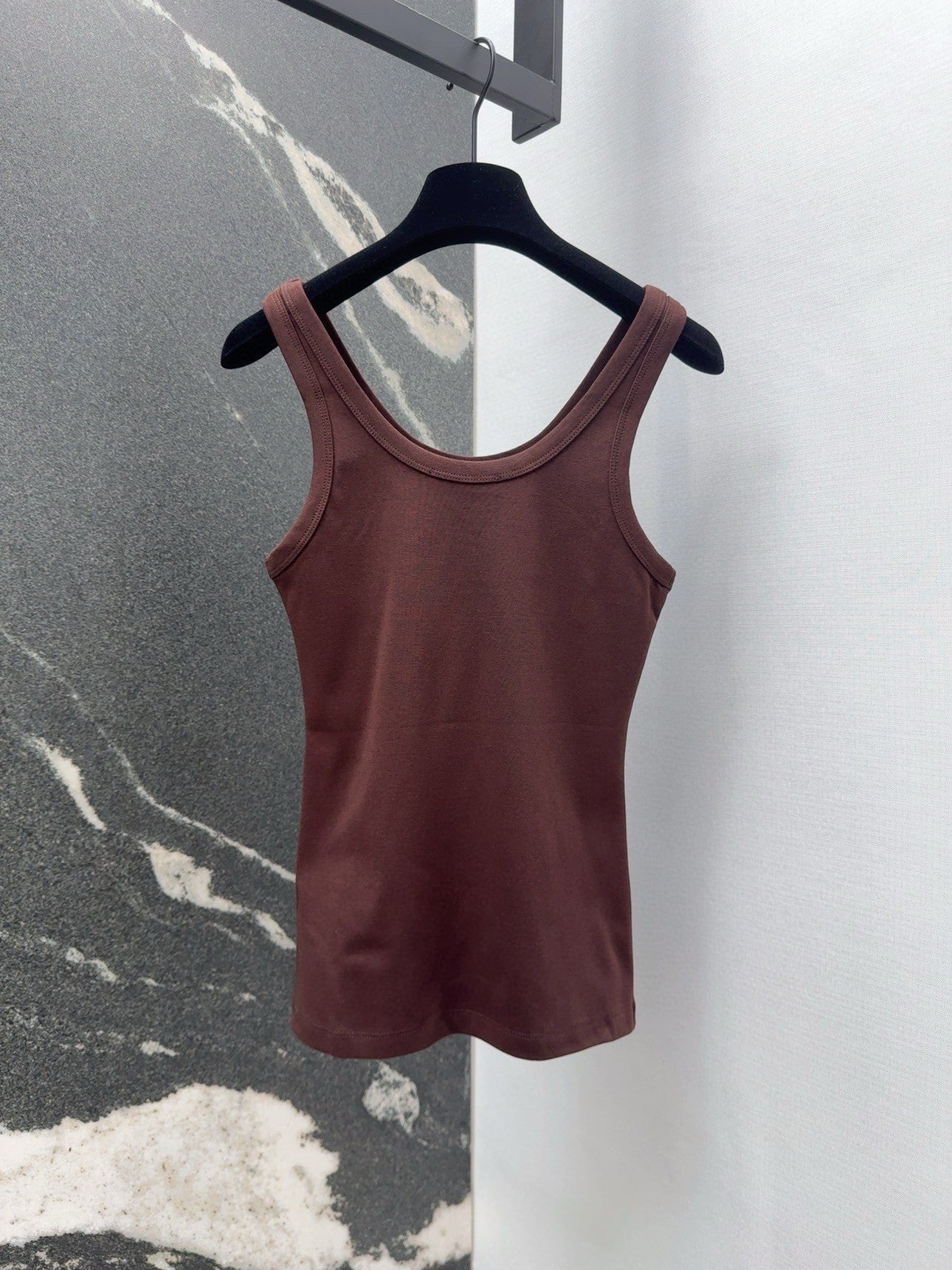 Chocolate Ribbed Tank with Subtle Geometric Accent