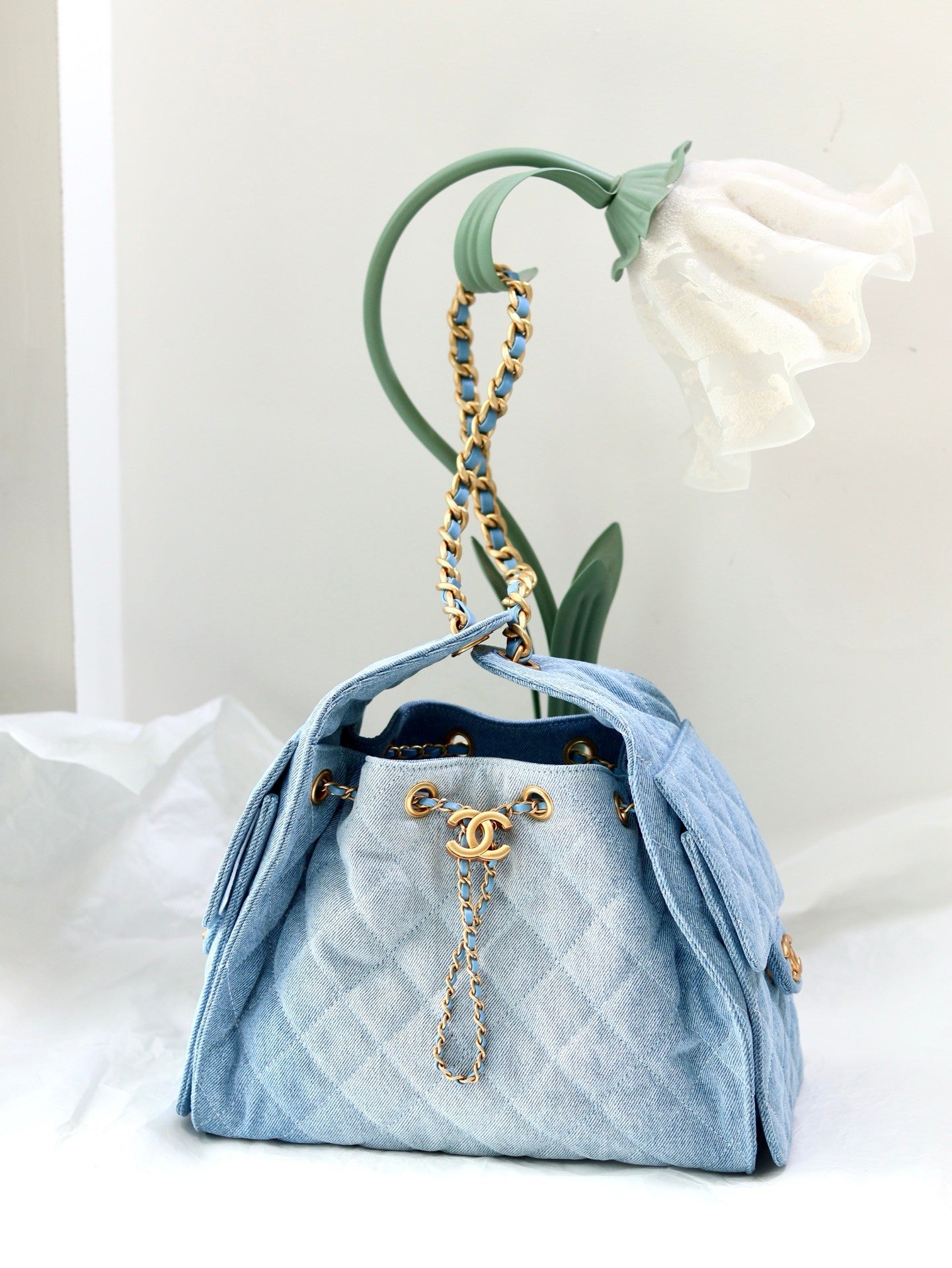 Denim Quilted Bucket Bag with Contrast Chain
