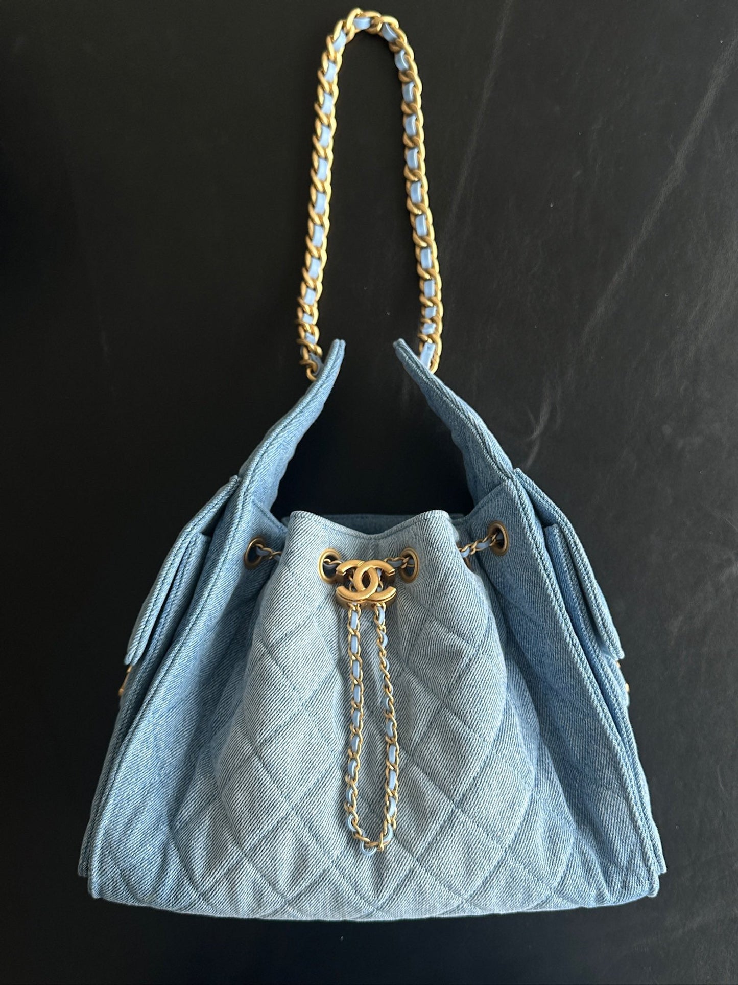Denim Quilted Bucket Bag with Contrast Chain