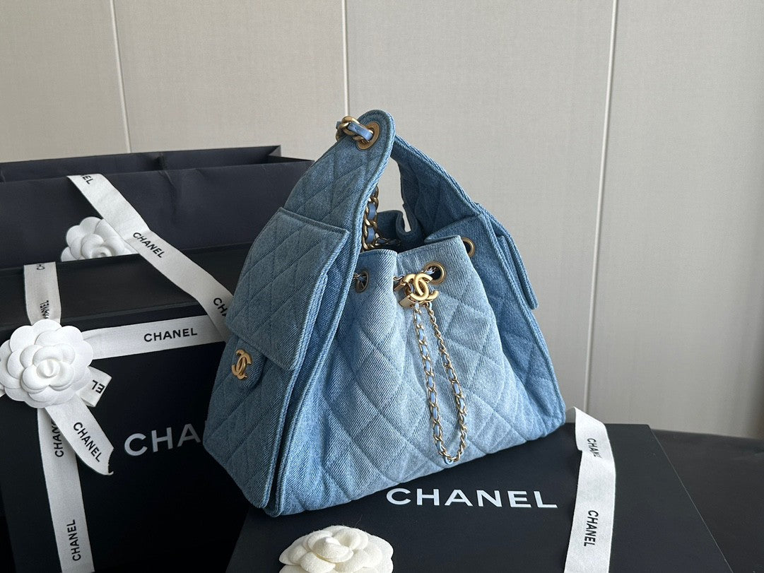 Denim Quilted Bucket Bag with Contrast Chain