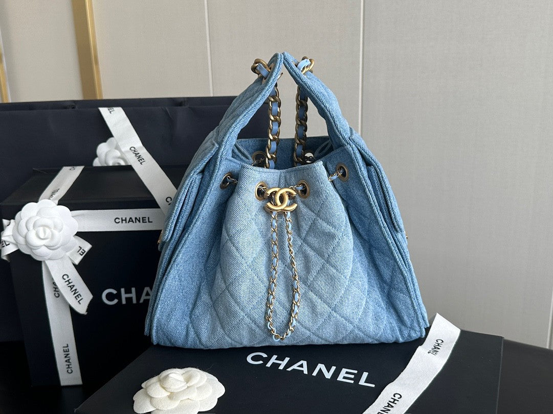 Denim Quilted Bucket Bag with Contrast Chain