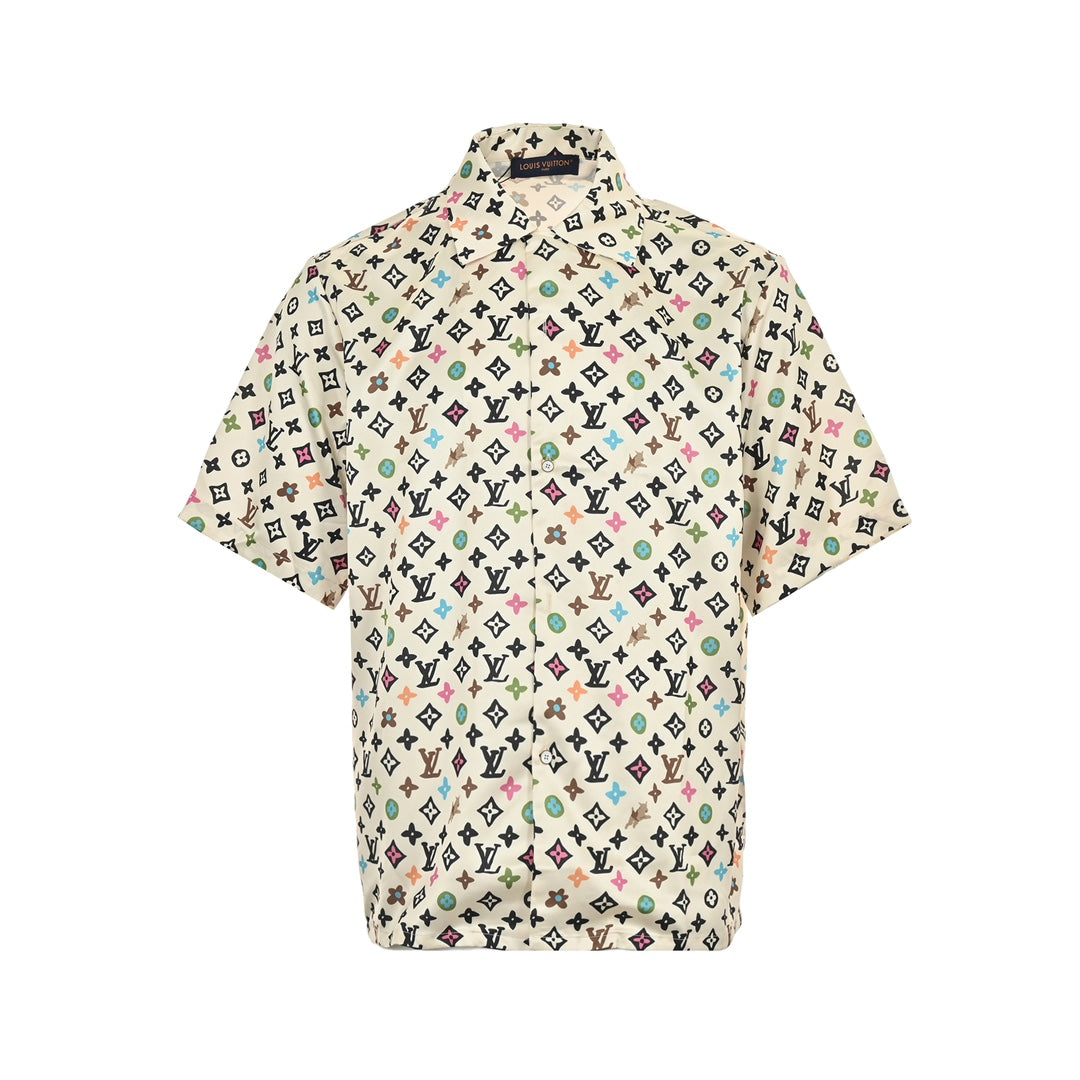 Chemise à manches courtes en soie imprimée all-over