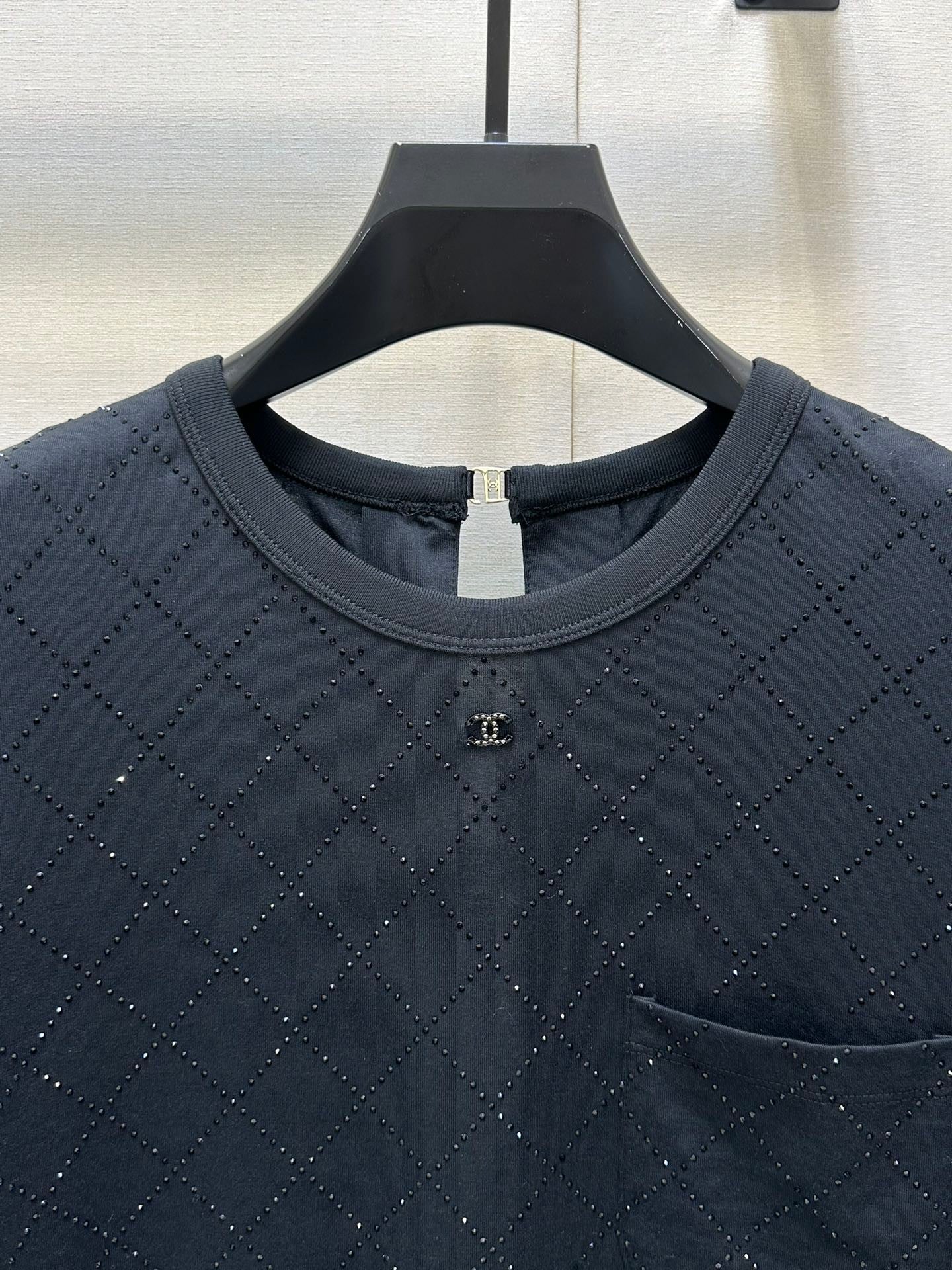 Black Crewneck Tee with Rhinestone Quilting & Back Hardware