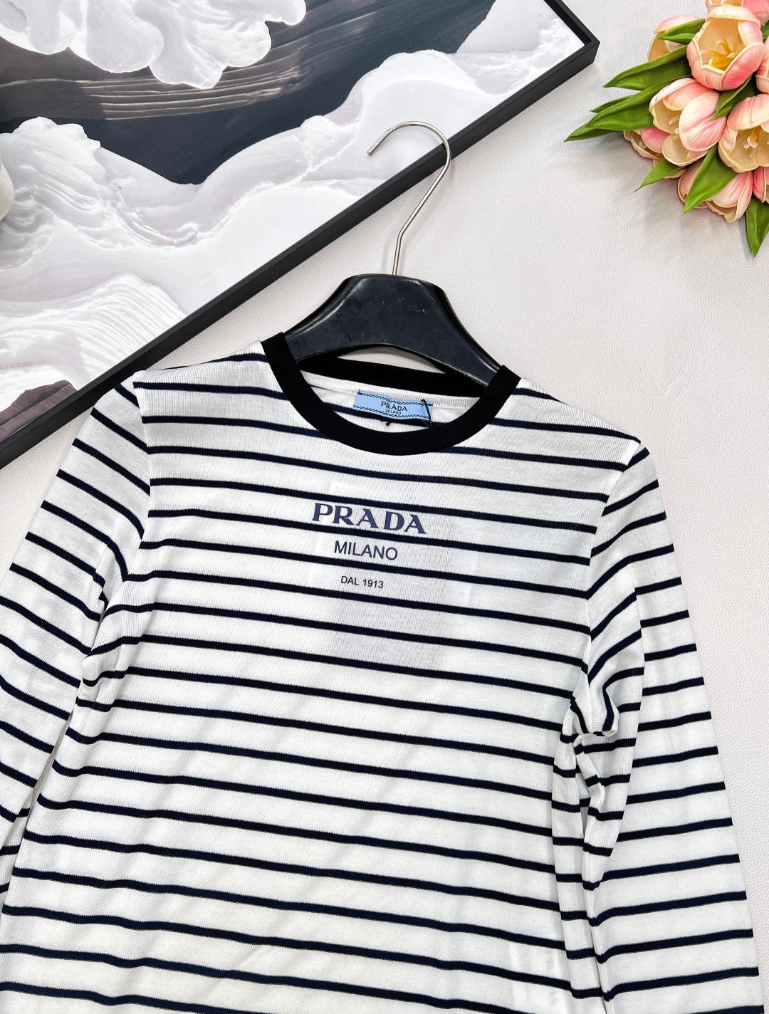 Printed stretch slim-fit striped bottoming shirt