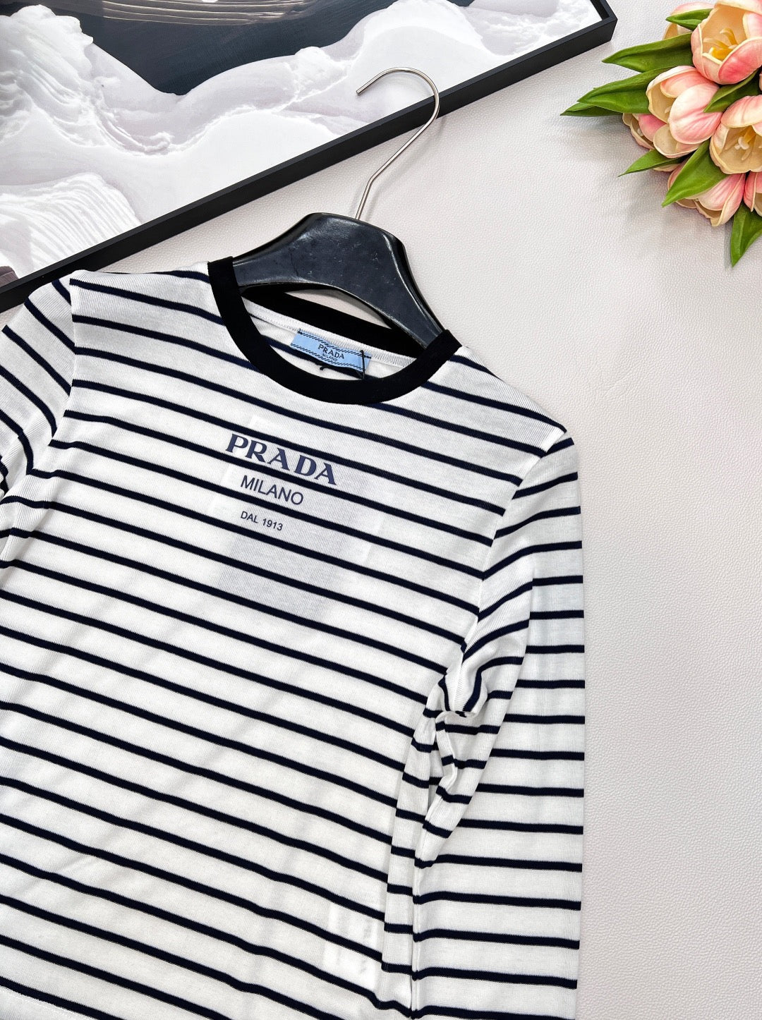 Printed stretch slim-fit striped bottoming shirt