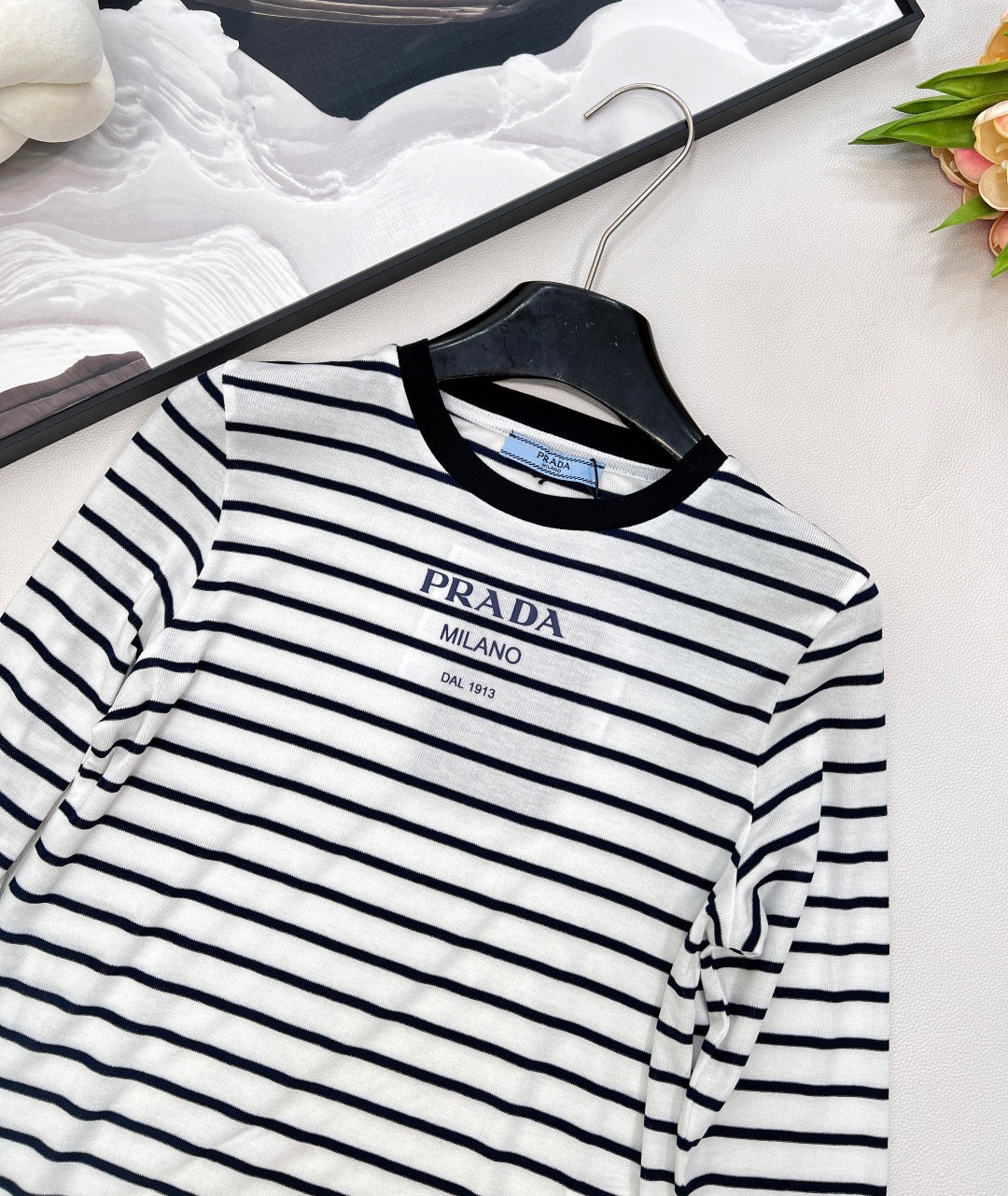 Printed stretch slim-fit striped bottoming shirt
