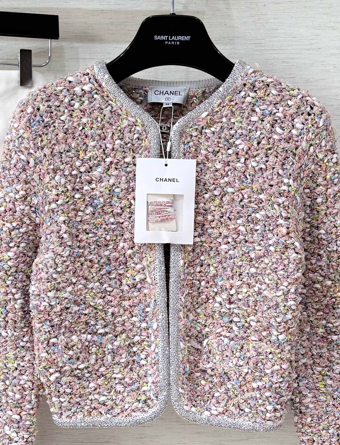 Custom-dyed yarn and diamond-trimmed woven cardigan