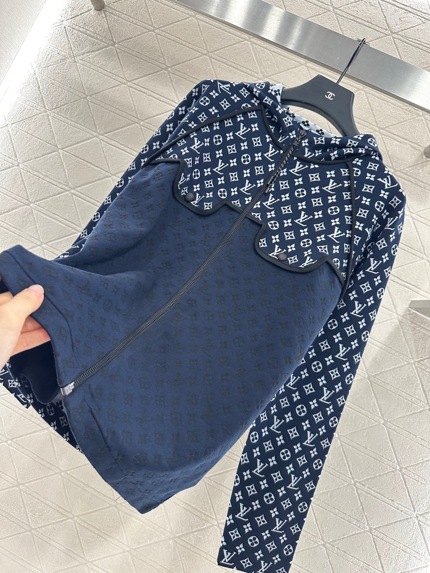 patchwork jacquard hooded knitted jacket