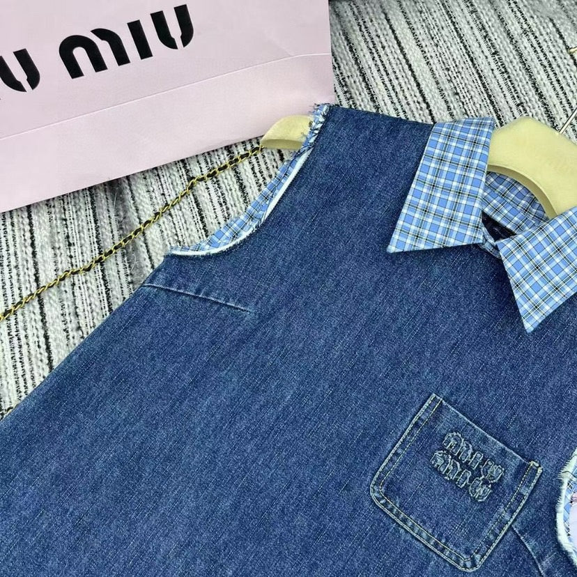 Pocket Letter Patch Embroidery Plaid Stitching Lapel Sleeveless Denim Vest Dress