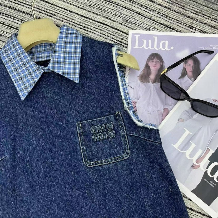 Pocket Letter Patch Embroidery Plaid Stitching Lapel Sleeveless Denim Vest Dress