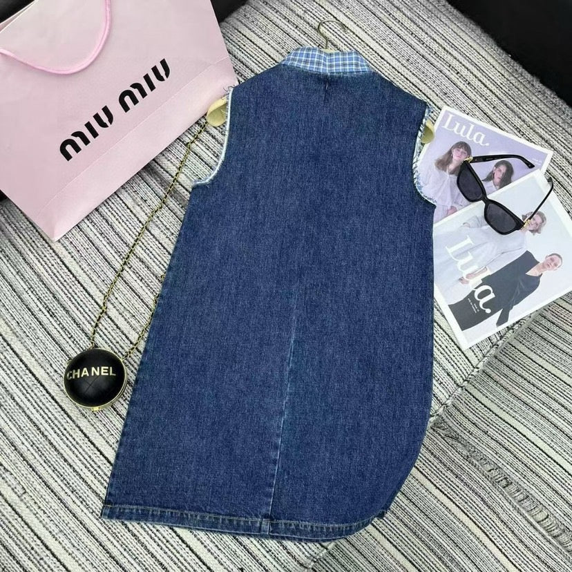 Pocket Letter Patch Embroidery Plaid Stitching Lapel Sleeveless Denim Vest Dress