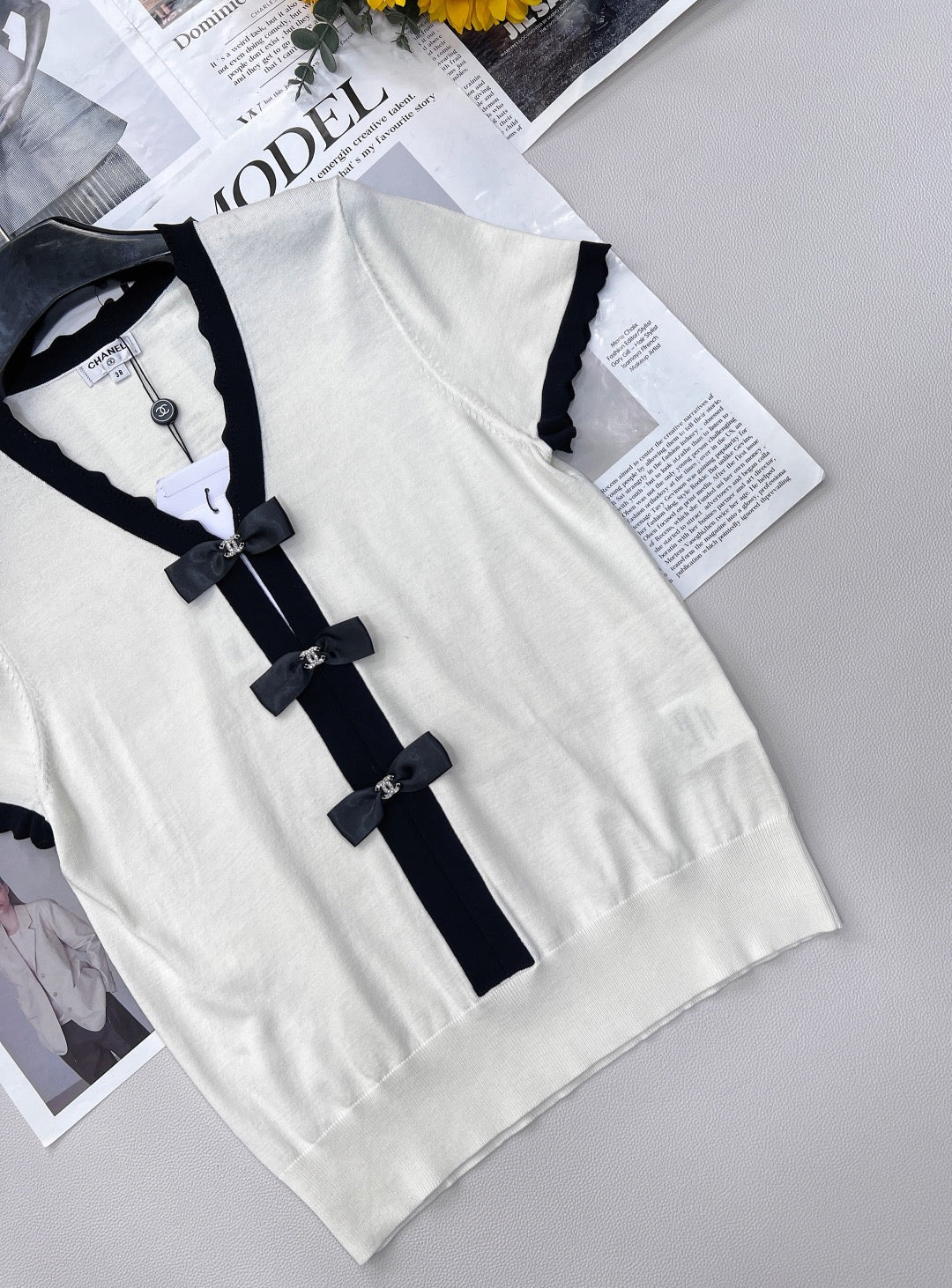 Contrast bow knit short sleeves