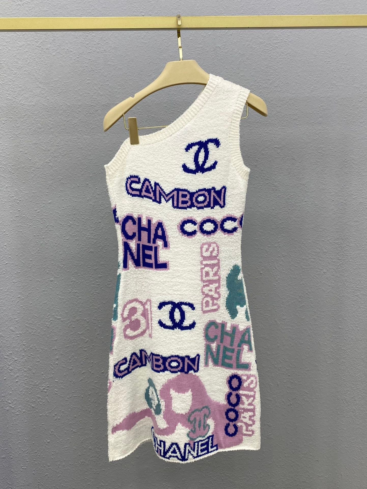 Colorful yarn logo jacquard off-shoulder vest dress