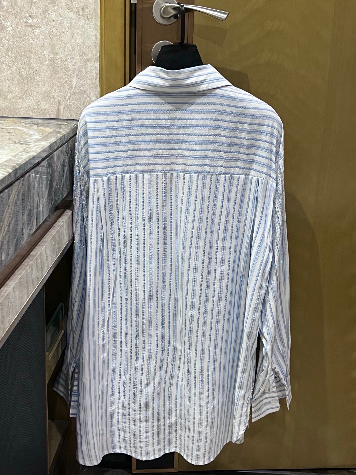 Drop Shoulder Rhinestone Striped Shirt