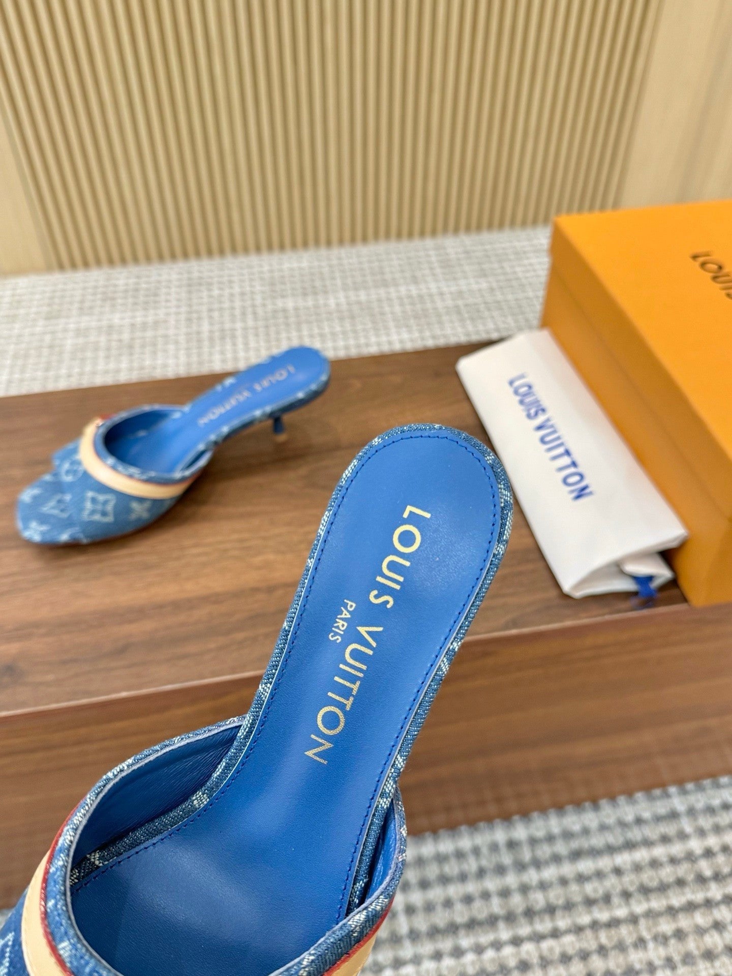 Denim Monogram Mule Heels with Contrast Strap
