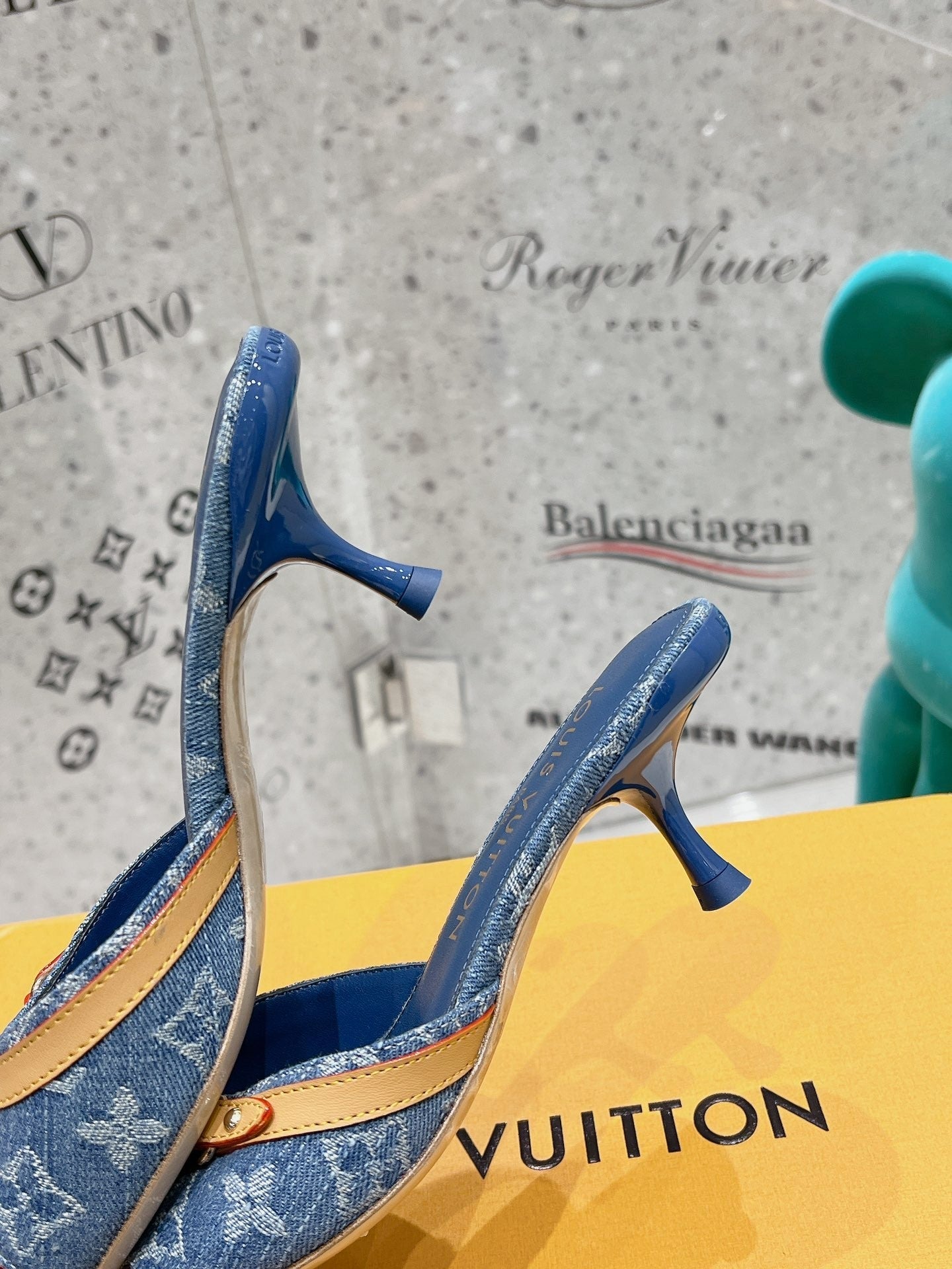 Denim Monogram Mule Heels with Contrast Strap