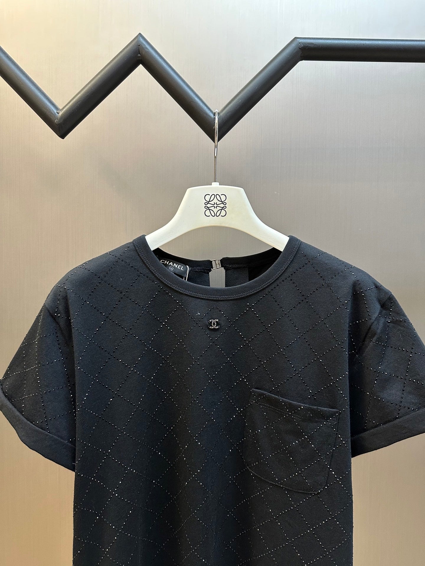 Black Crewneck Tee with Rhinestone Quilting & Back Hardware