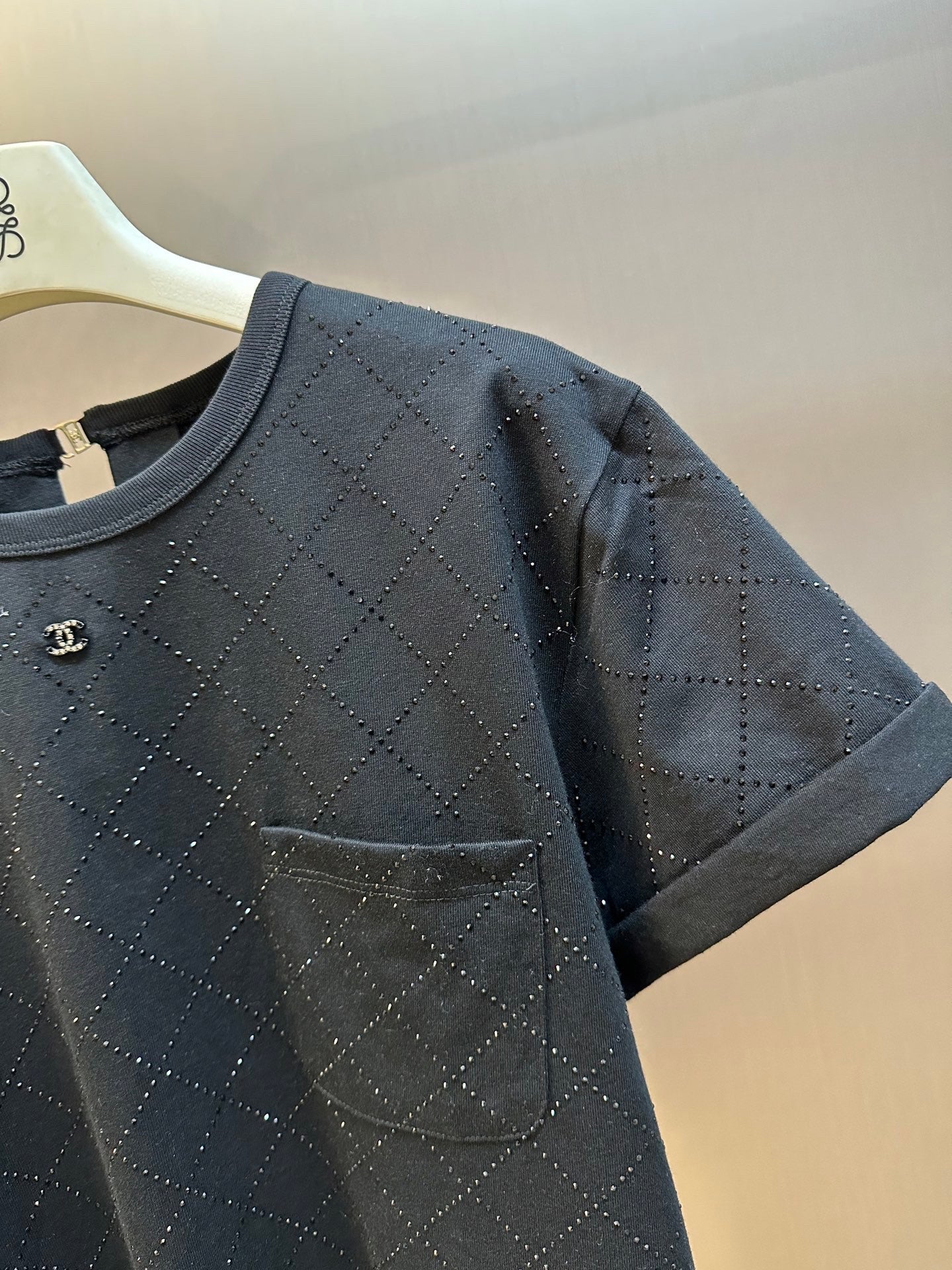 Black Crewneck Tee with Rhinestone Quilting & Back Hardware