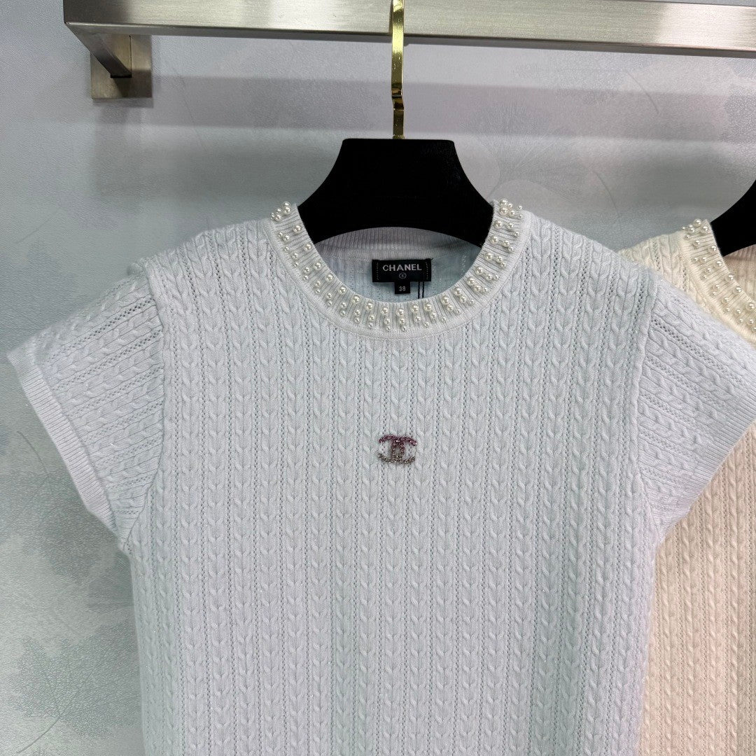 Pearl-Trim Textured Knit Short-Sleeve Tops