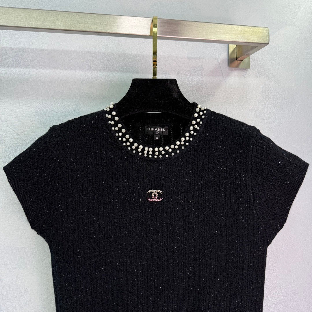 Pearl-Trim Textured Knit Short-Sleeve Tops