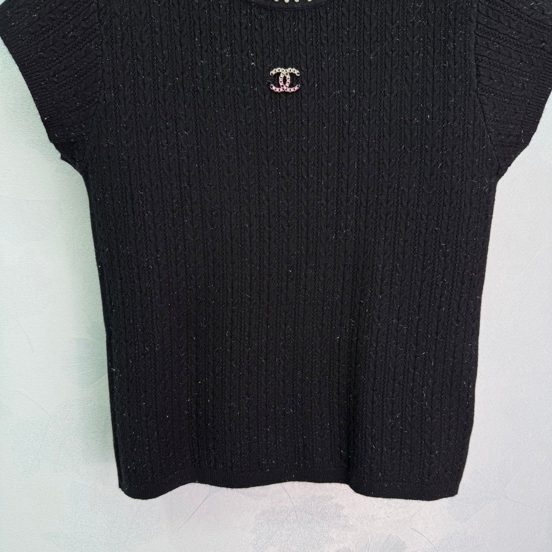 Pearl-Trim Textured Knit Short-Sleeve Tops