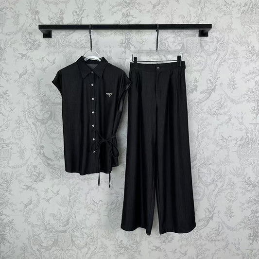 25 Frühes Frühlings-Set aus Seiden-Denim-Bandage und Hose mit weitem Bein und elastischer Taille
