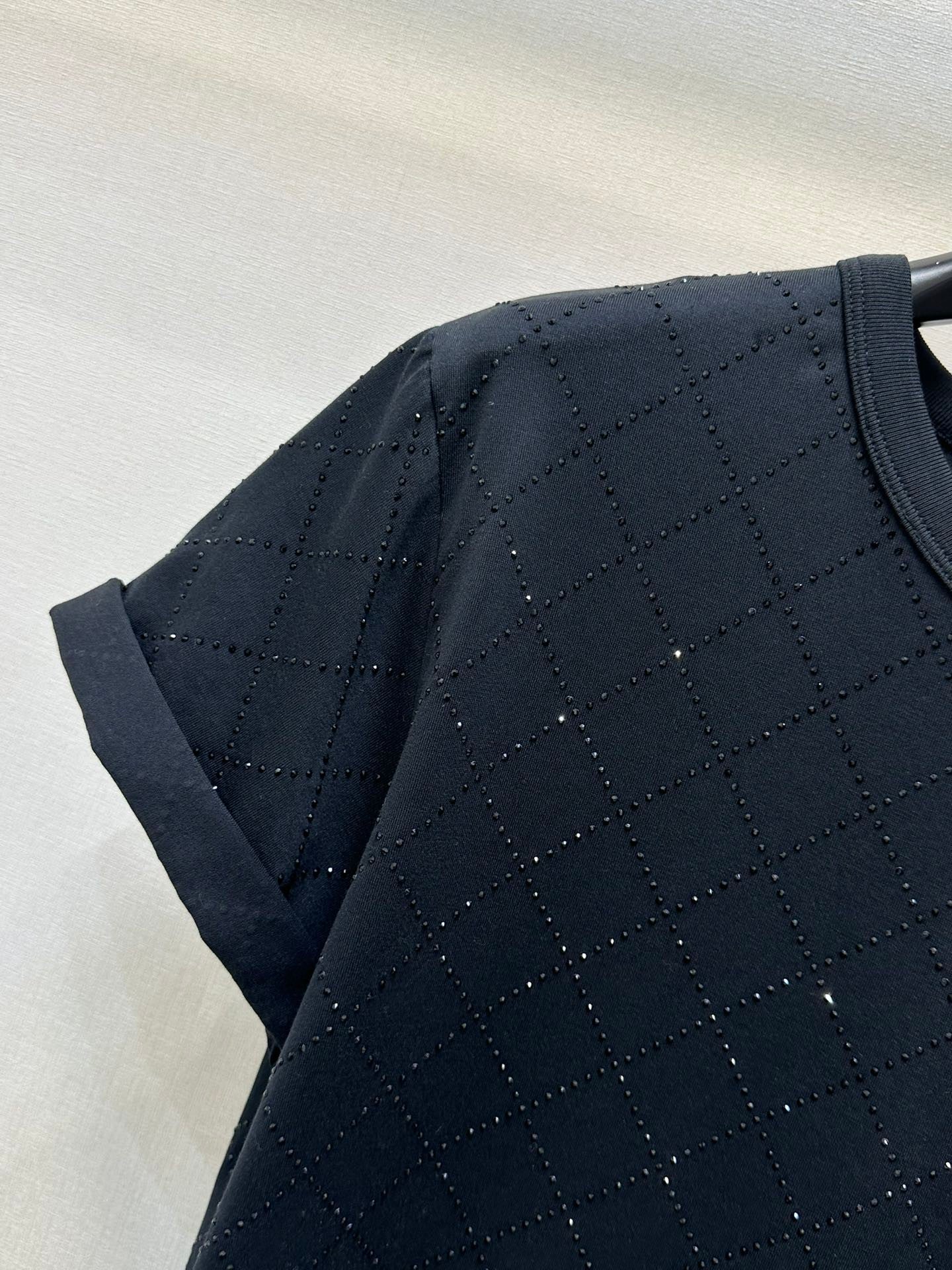 Black Crewneck Tee with Rhinestone Quilting & Back Hardware