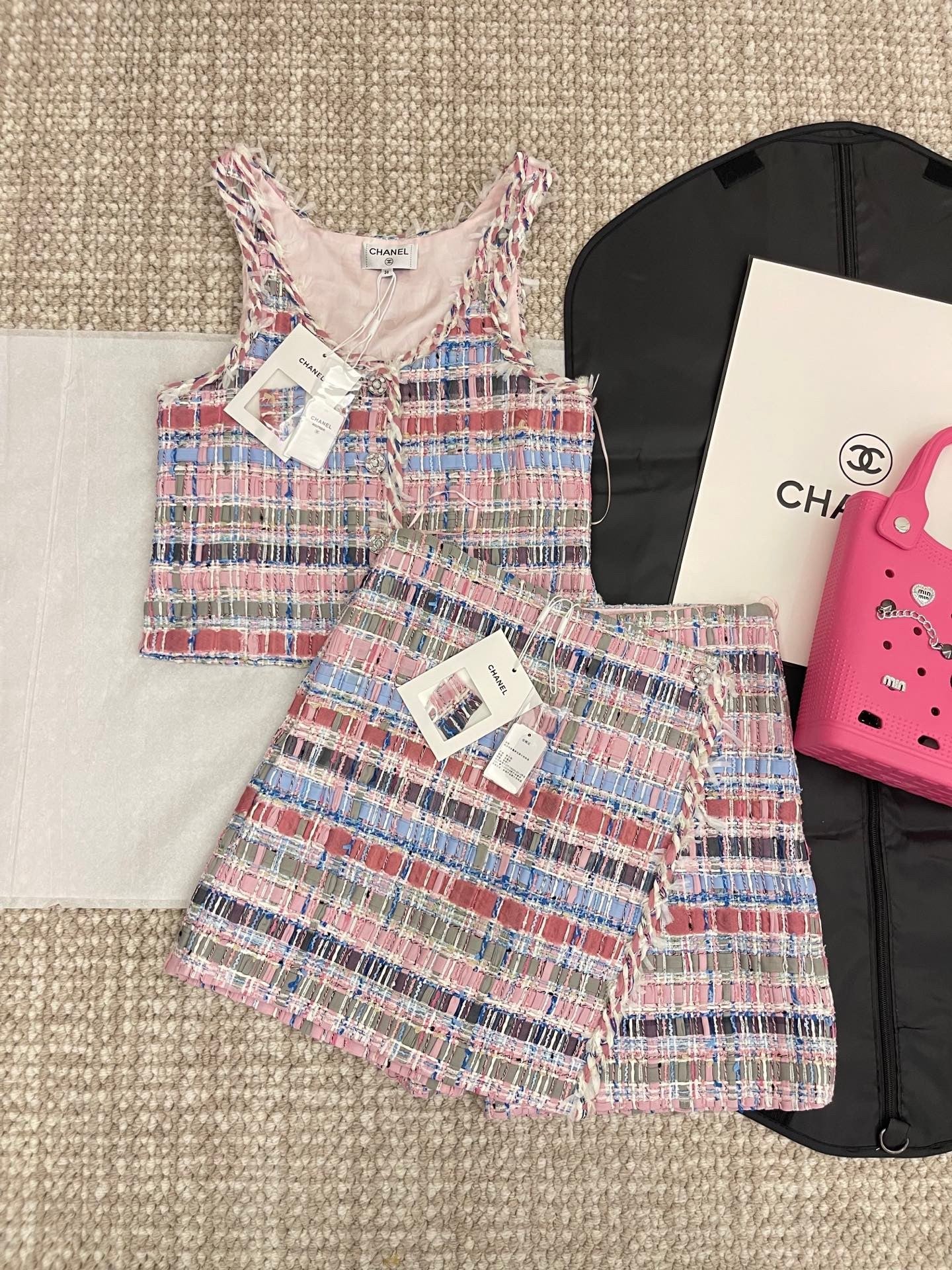 Pastel Tweed Crop Top with Frayed Edges & Ornate Buttons