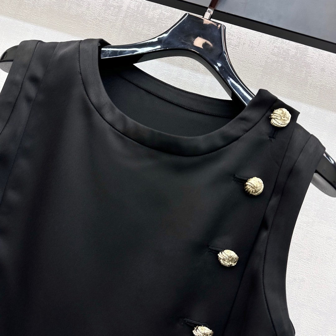 Sleeveless Satin Top with Ornate Gold Buttons