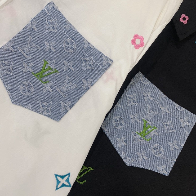 Chemises brodées bicolores avec poche en denim 