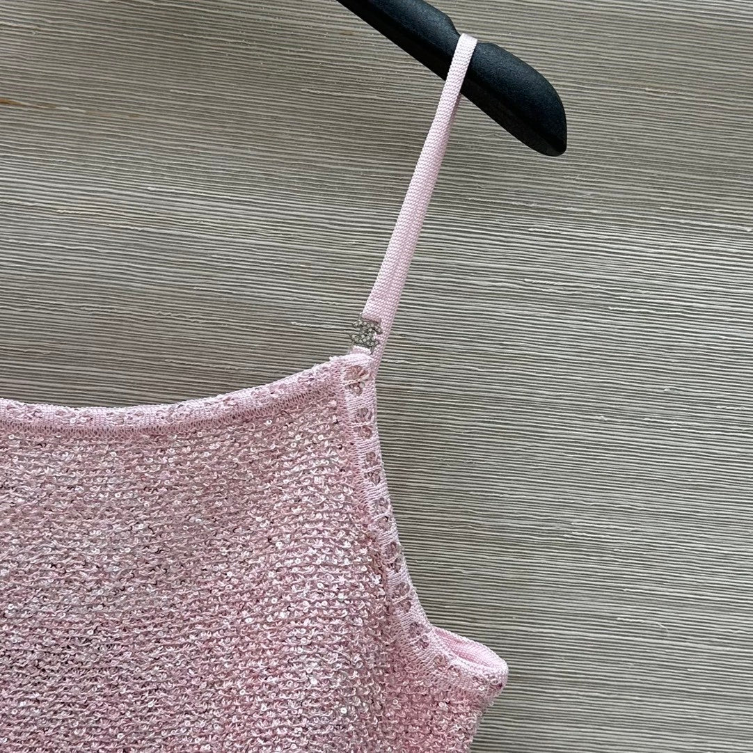 Pink Lurex Knit Camisole with Ruffled Hem