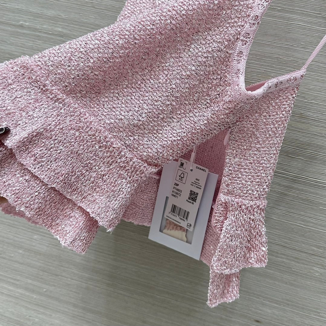 Pink Lurex Knit Camisole with Ruffled Hem