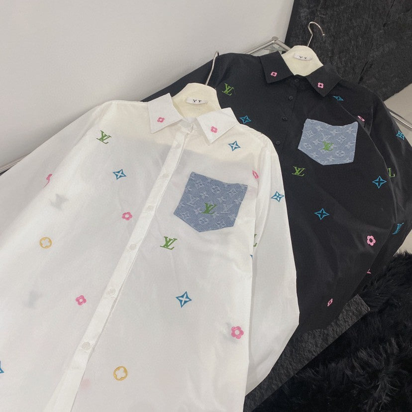 Chemises brodées bicolores avec poche en denim 
