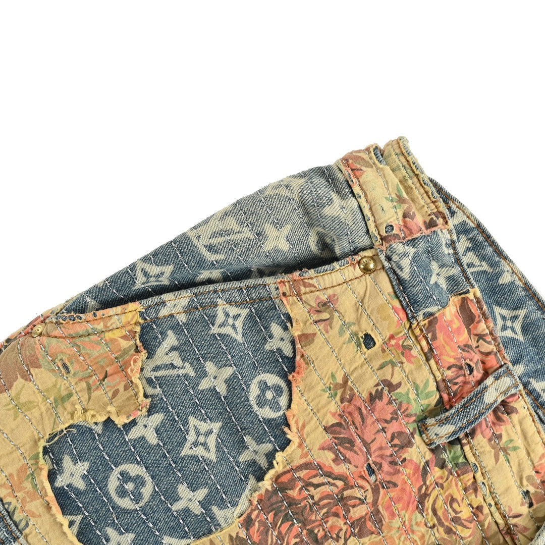 Jean vintage patchwork à fleurs roses