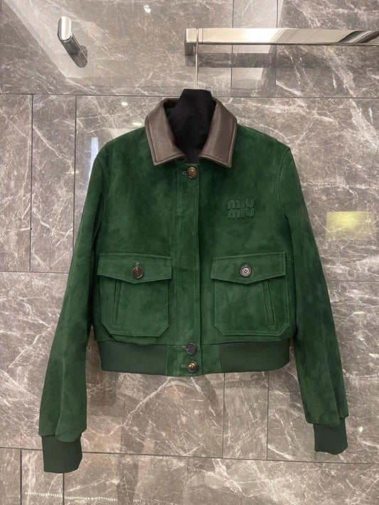 Vintage Grüne Wildleder Cropped Lederjacke