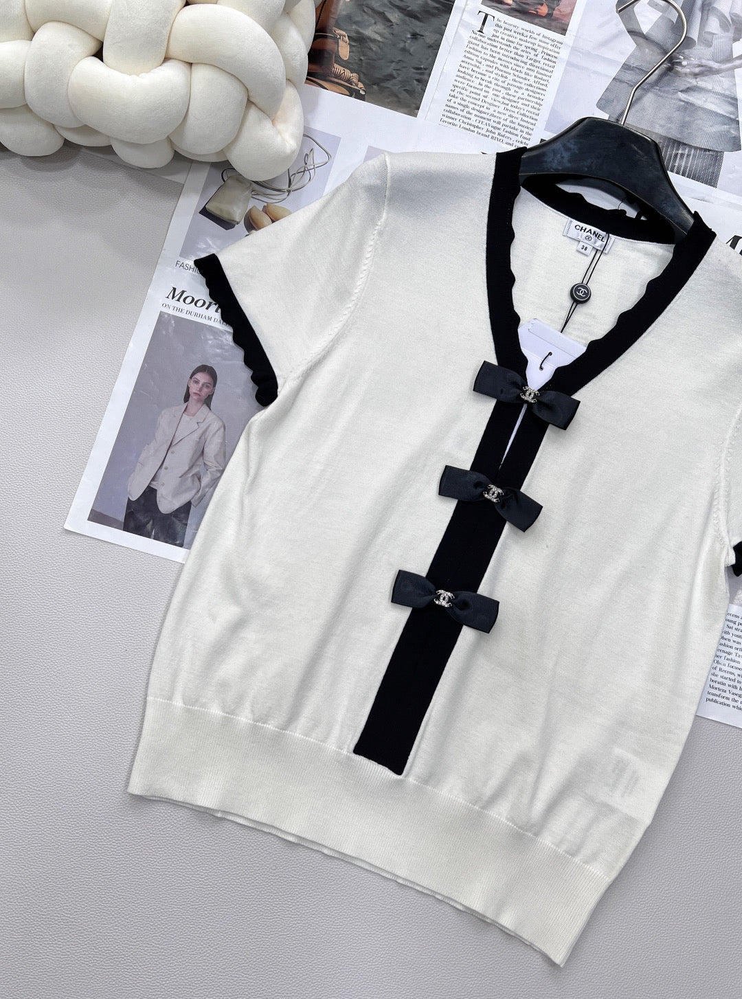 Contrast bow knit short sleeves