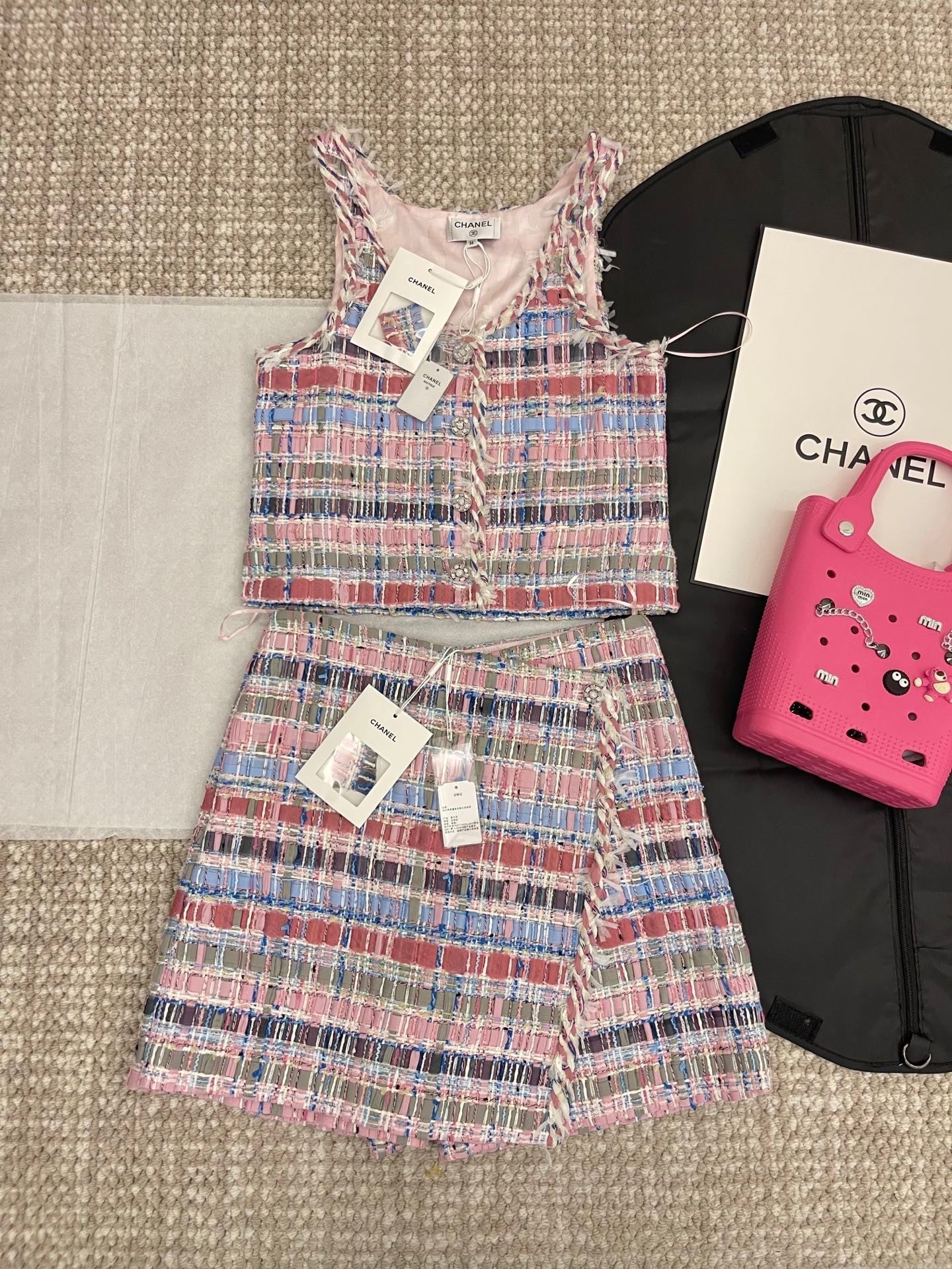 Pastel Tweed Crop Top with Frayed Edges & Ornate Buttons