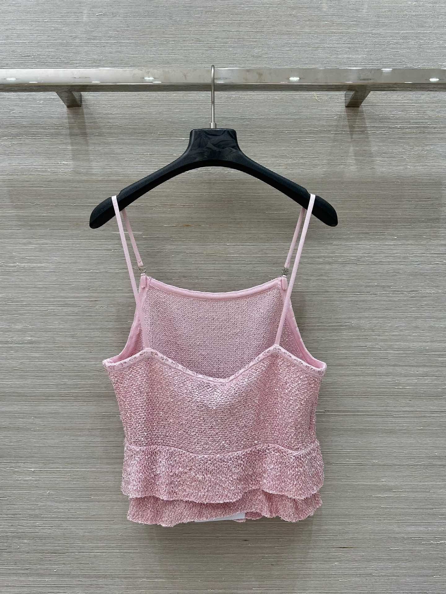 Pink Lurex Knit Camisole with Ruffled Hem